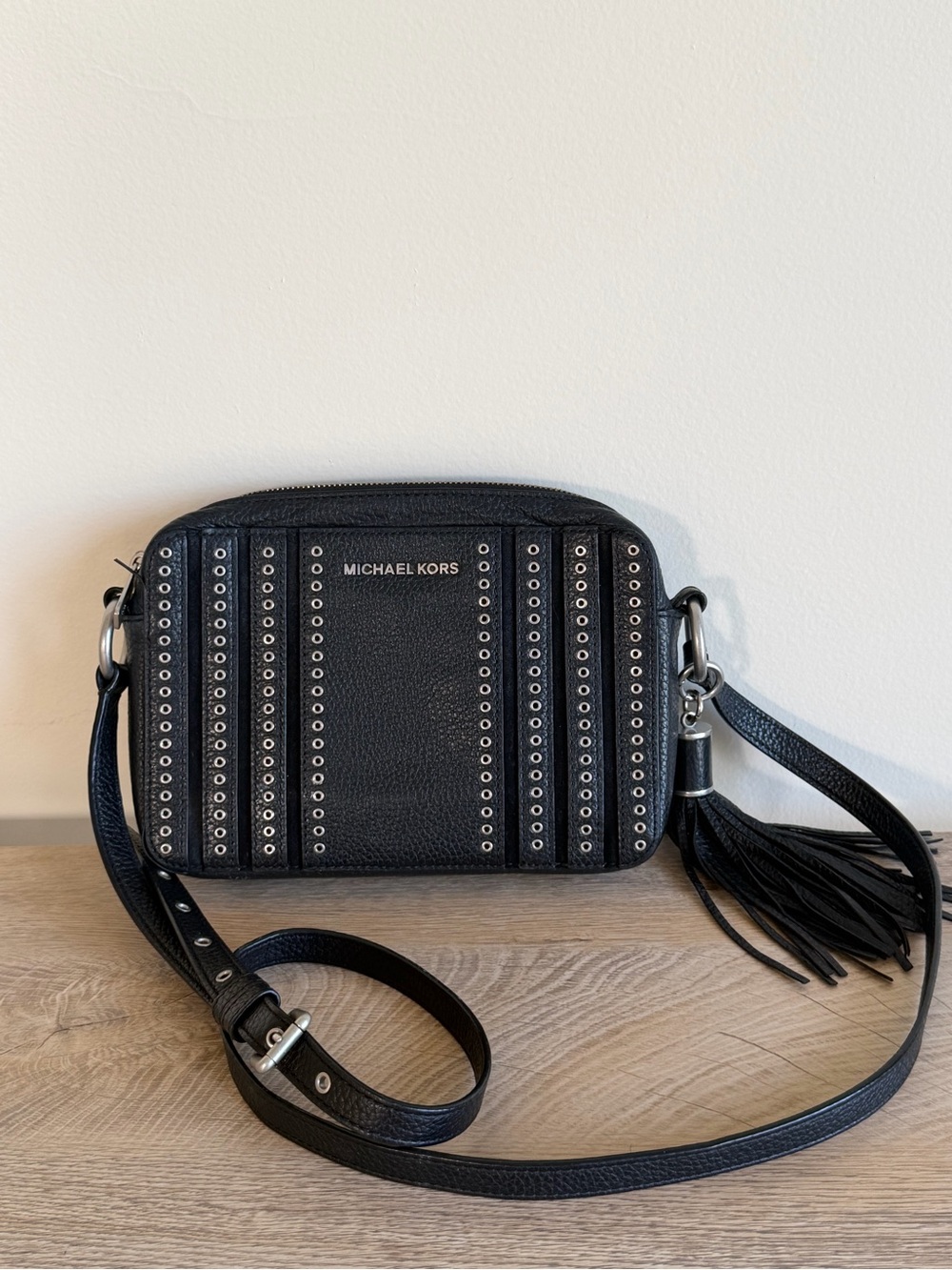 Michael Kors Black Stud-Embellished Leather Crossbody with Tassel